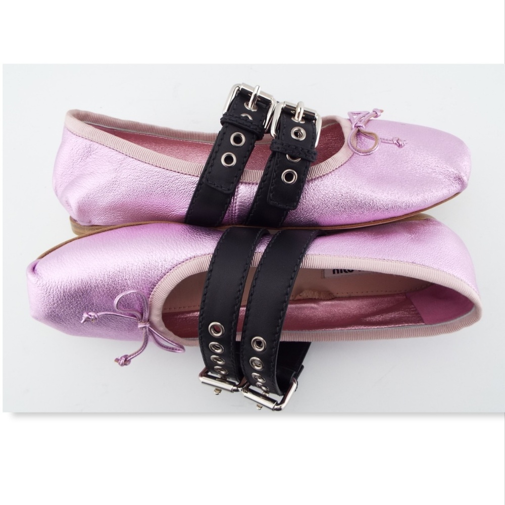 NIB MIU MIU Metallic Pink Lace Ballerina Flat 39.5 - Picture 6 of 8